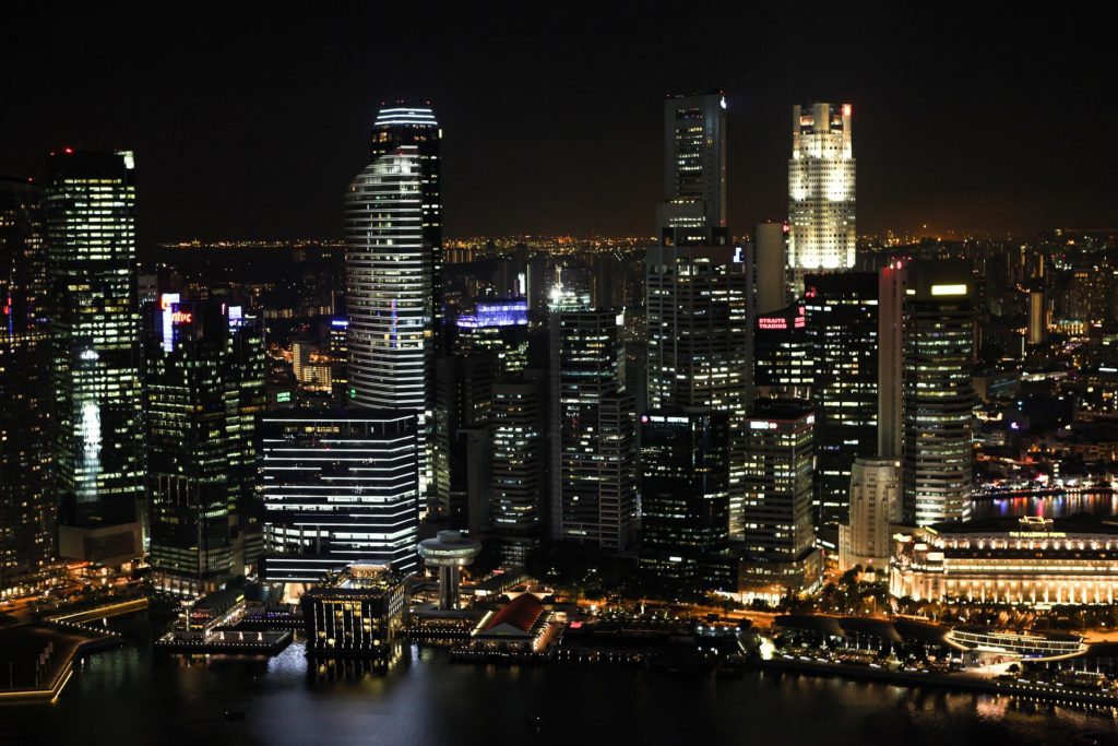 A city skyline at night.