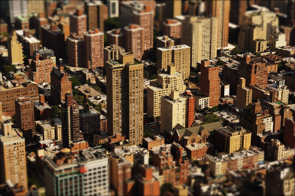 An overhead shot of skyscrapers.