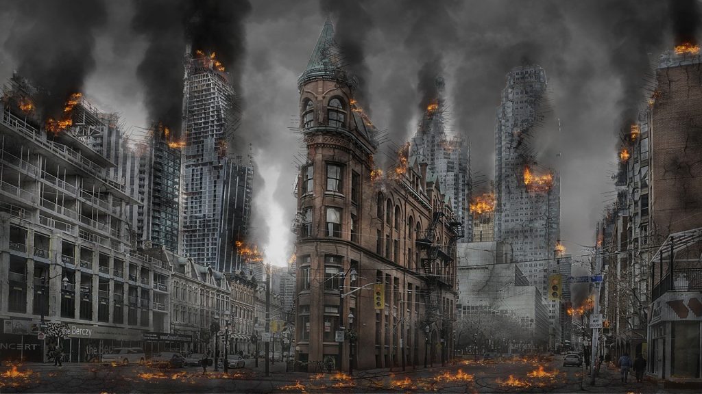 A burned out city representing the apocalypse.