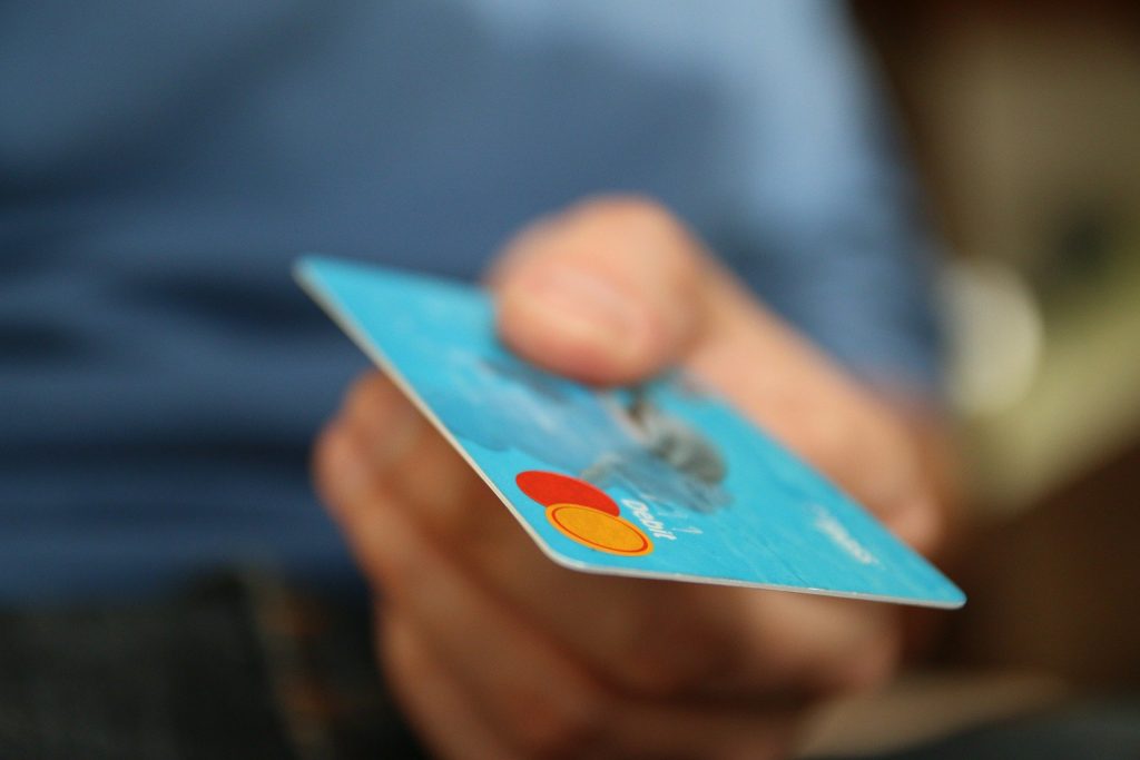 A closeup of a blue Mastercard.